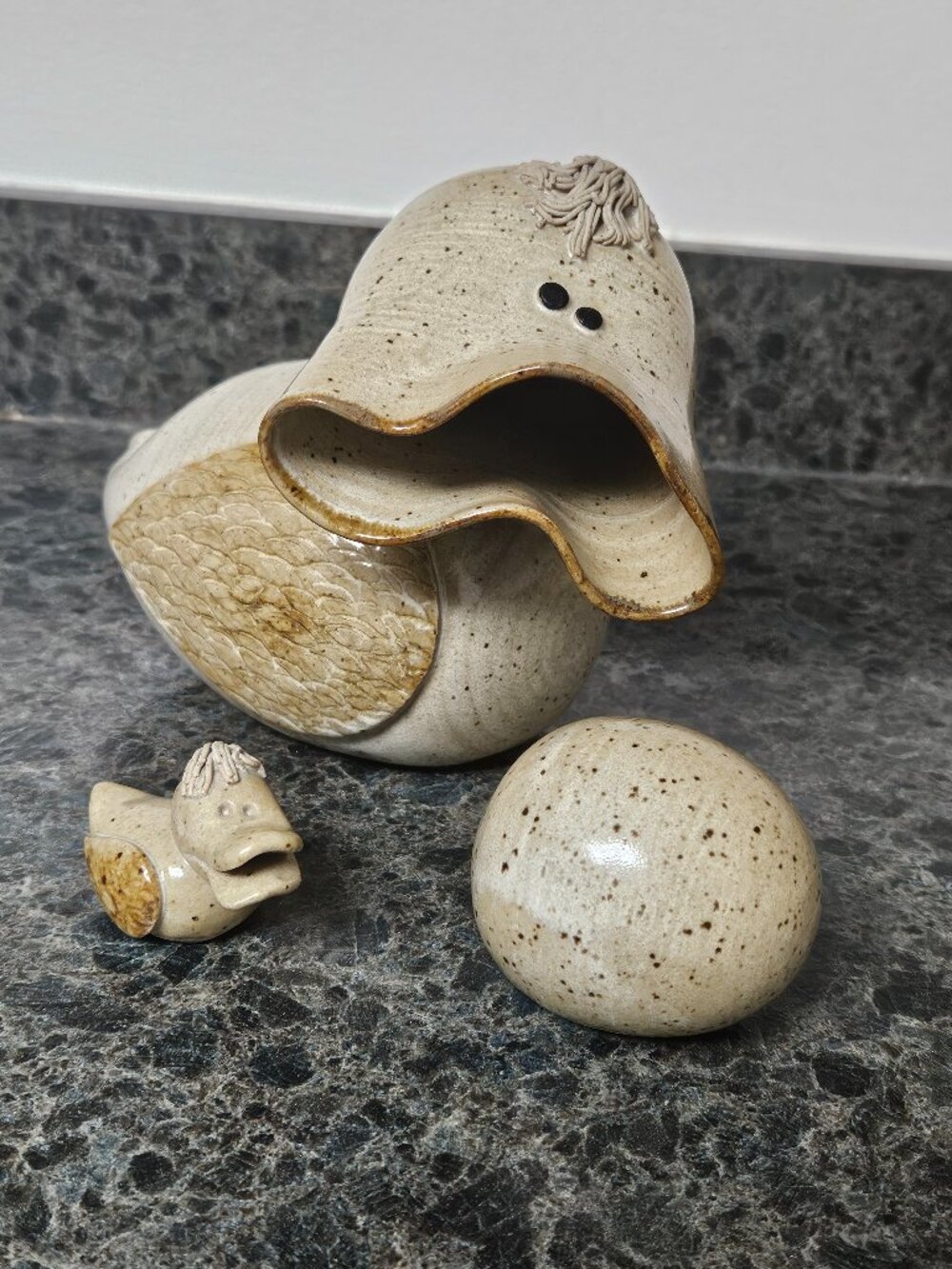 Nygren Whimsical Stoneware Pottery Duck signed with Baby and Egg